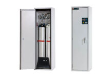 G-line gas cylinder cabinet type 90 from asecos in light grey, shown open and closed with gas cylinder inside
