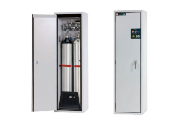 G-line gas cylinder cabinet type 90 from asecos in light grey, shown open and closed with gas cylinder inside