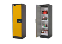 Q-line safety storage cabinet type 90 from asecos in anthracite grey and warning yellow, shown closed and open with shelves