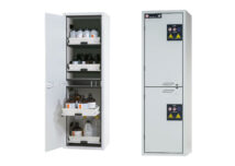 SL-line cabinet for acids and alkalis from asecos in light grey, shown open and closed with pull-out shelves and plastic sump