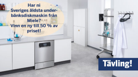Miele-underbänksdiskmaskin i ett laboratorium med texten "Har ni Sveriges äldsta underbänksdiskmaskin från Miele? Vinn en ny till 50 % av priset!"