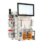 Multifors 3 bench-top bioreactor from INFORS HT with multiple glass vessels and an integrated touchscreen showing eve bioprocess software